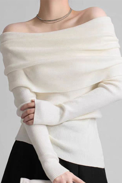Karleedress Off Shoulder Long Sleeves Ribbed Knit Sweater