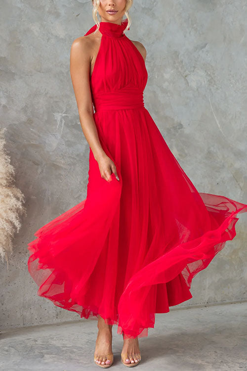 Karleedress Bow Knot Halter Open Back Tulle Maxi Dress