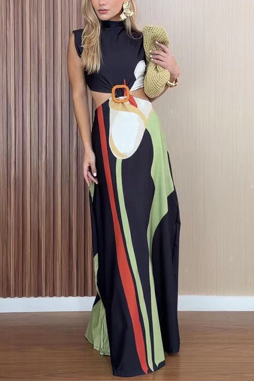 Karleedress Mockneck Sleeveless Cut Out Waist Printed Maxi Dress