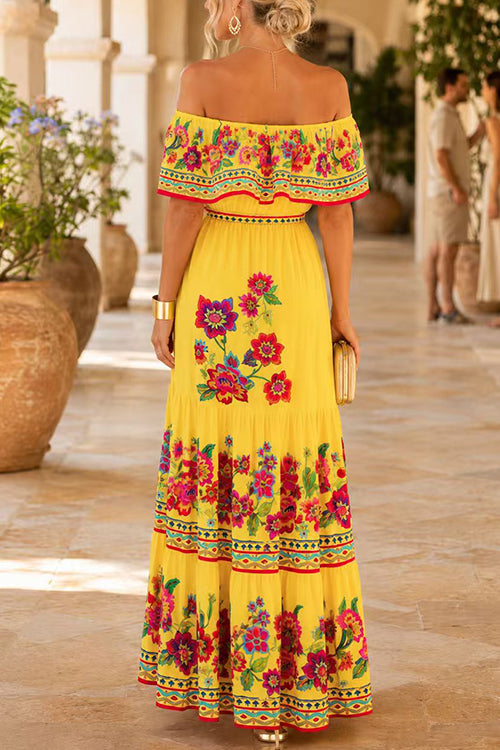 Karleedress Off Shoulder Floral Print Ruffle Swing Maxi Dress