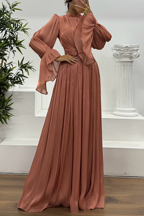 Bell Long Sleeves Twist Front Ruched Maxi Dress