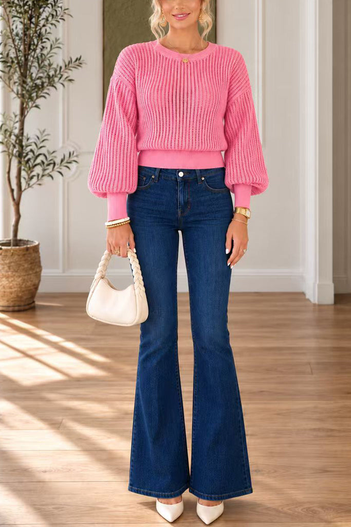 Crewneck Back Cut Out Splice Knitting Sweater (A)