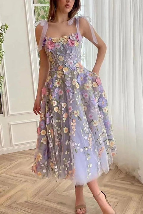 Karleedress Bow Shoulder Flower Embroidery Swing Midi Cami Dress