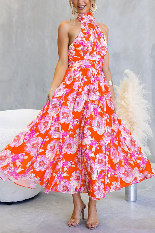Halter Backless Waisted Floral Print Swing Maxi Dress