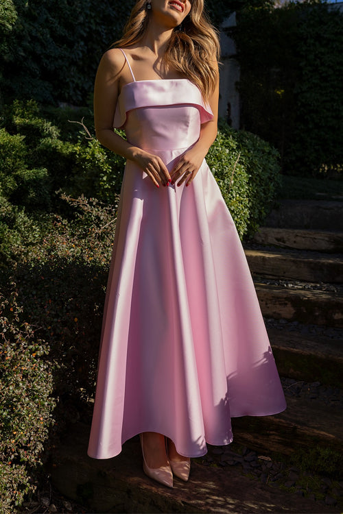 Karleedress Spaghetti Strap Waisted A-line Satin Maxi Dress