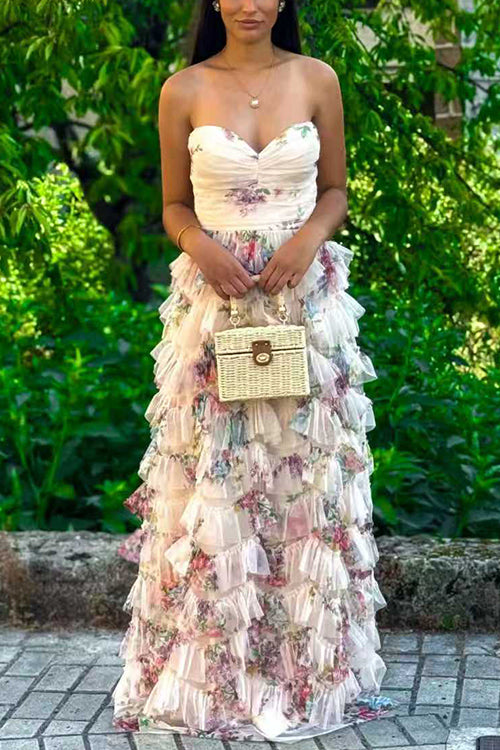 Strapless Floral Print Ruffle Layered Maxi Dress