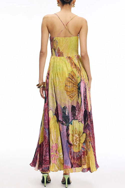 Spaghetti Strap Waisted Floral Print Pleated Swing Maxi Dress