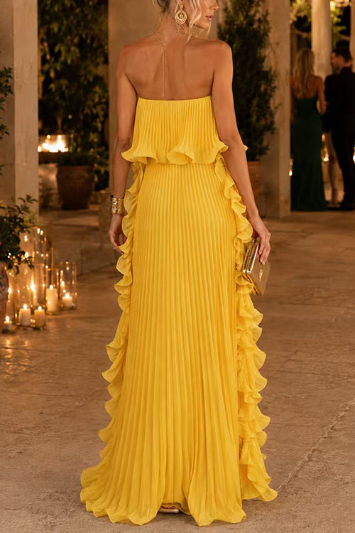Karleedress Strapless Tube Ruffle Pleated Swing Maxi Dress