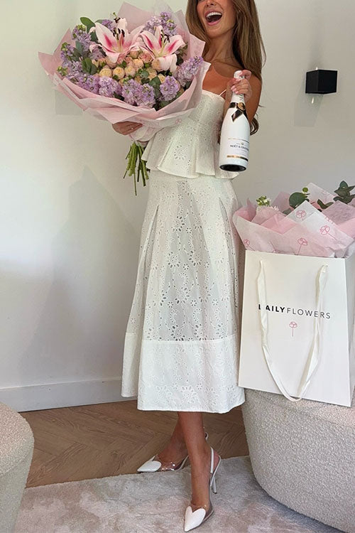 Karleedress Lace Hollow Out Ruffle Cami Top and A-line Midi Skirt Set