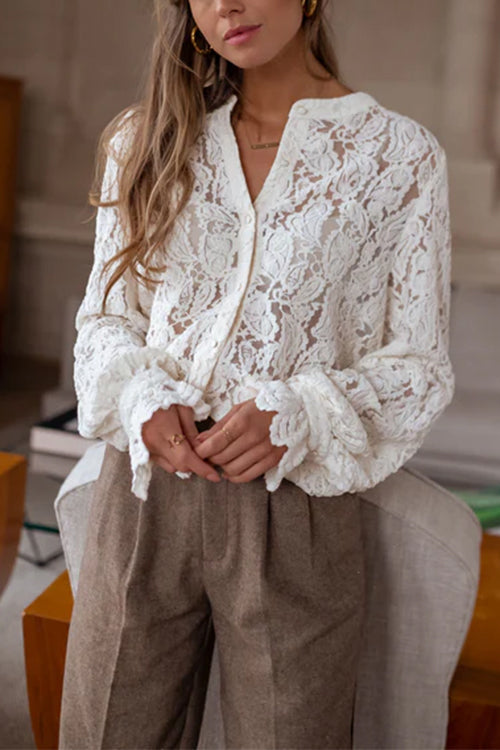 Karleedress Ruffle Long Sleeves Button Up Lace Shirt