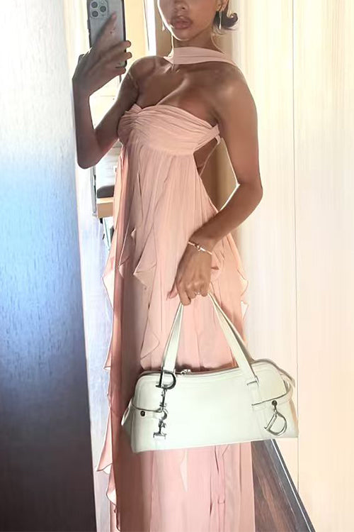 Karleedress Sleeveless Open Back Ruffle Trim Slit Maxi Dress