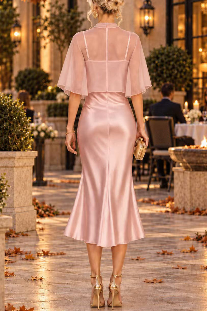 Karleedress Mock Neck Chiffon Cape Overlay Satin Midi Dress Set (C)