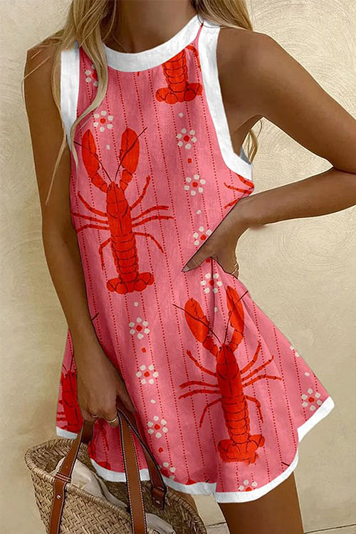 Karleedress Sleeveless Lobster Print Striped Mini Dress