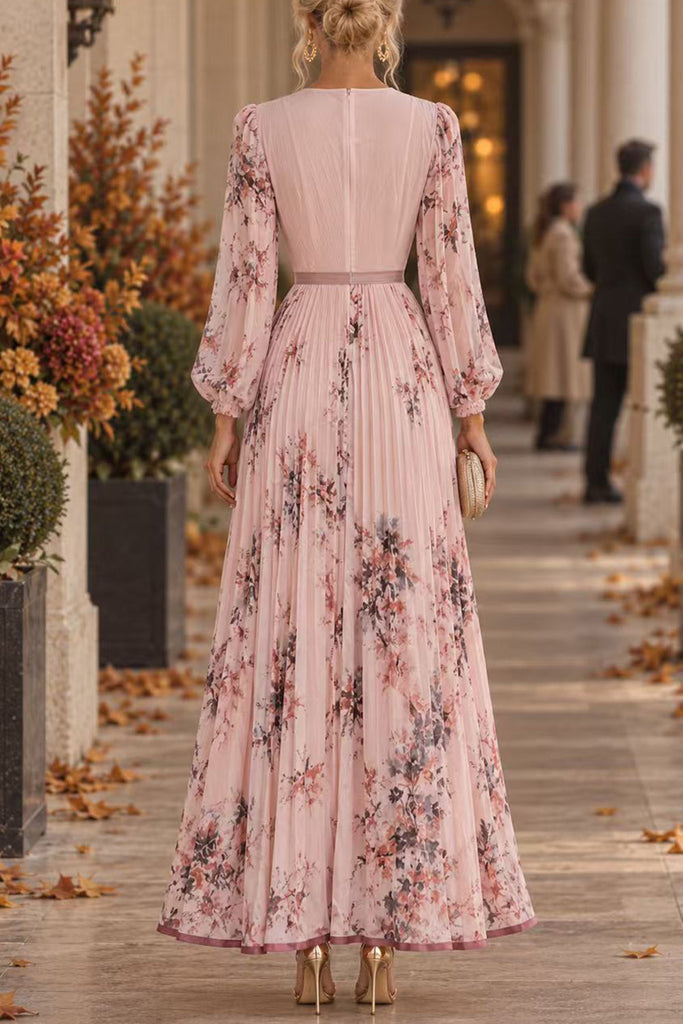 Karleedress V Neck Lantern Long Sleeves Floral Print Pleated Maxi Dress (B)