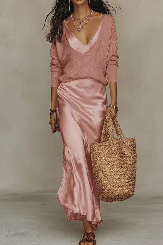 Karleedress V Neck Drop Shoulder Sweater and Satin Maxi Cami Dress Set