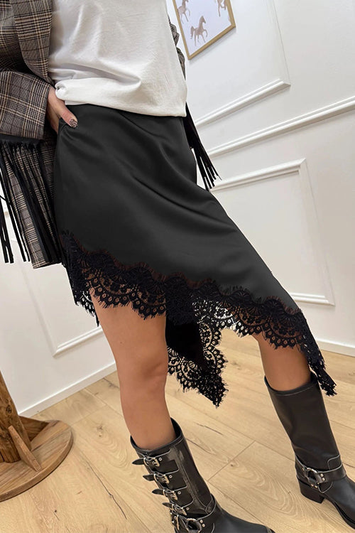 Karleedress Lace Trim Side Slit Irregular Satin Skirt