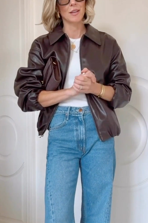 Karleedress Lapel Zip Up Faux Leather Bomber Jacket