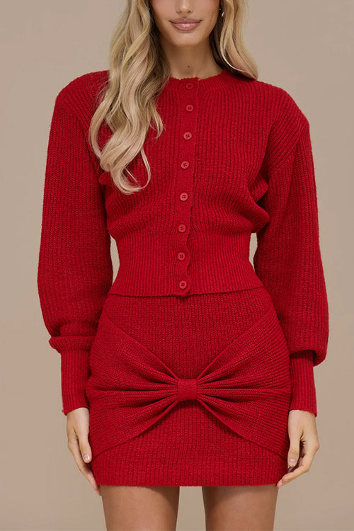 Lantern Sleeves Button Down Ribbed Knit Sweater Cardigan