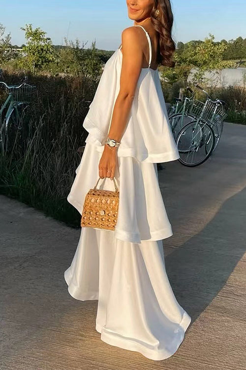 Karleedress Adjustable Strap Ruffle Layered Satin Maxi Dress