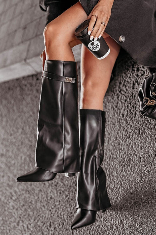 Karleedress Pointed Toe Fold Over Chunky Block Zipper High Boots