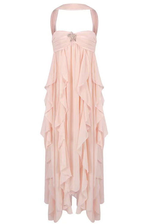 Karleedress Sleeveless Open Back Ruffle Trim Slit Maxi Dress