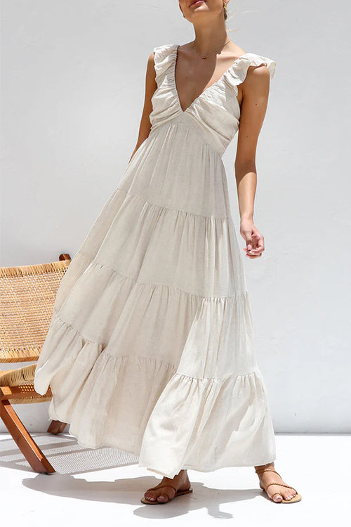 Karleedress V Neck Ruffle Trim Tiered Sleeveless Linen Maxi Dress
