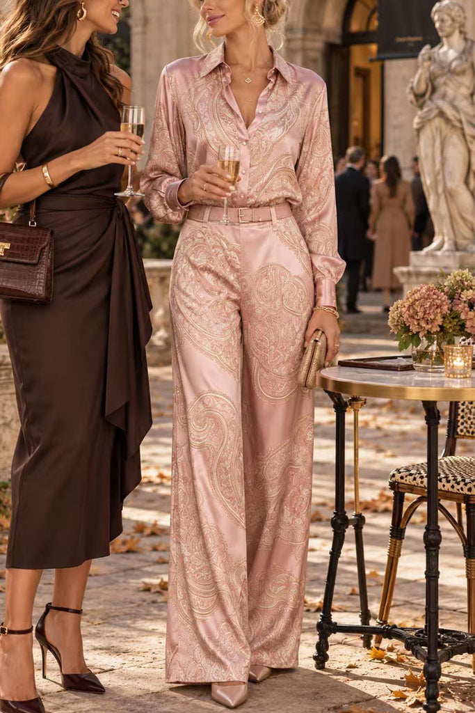 Karleedress Lapel Long Sleeves Shirt High Rise Pocketed Straight Leg Pants Paisley Print Set (B)