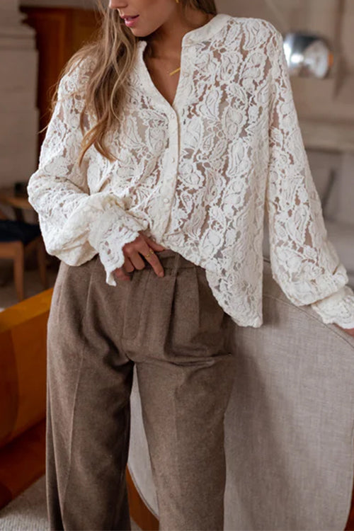 Karleedress Ruffle Long Sleeves Button Up Lace Shirt