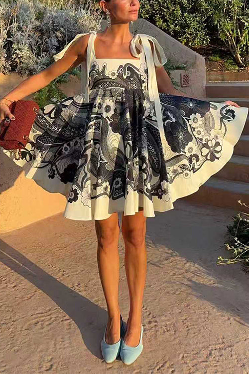 Karleedress Bow Shoulder Sleeveless High Waist Floral Print Mini Dress