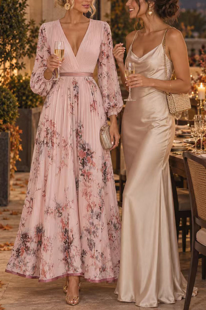 Karleedress V Neck Lantern Long Sleeves Floral Print Pleated Maxi Dress (B)