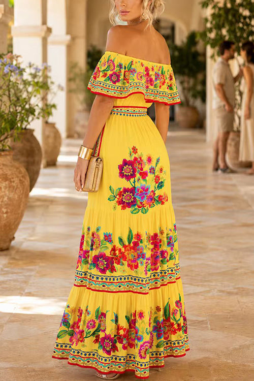 Karleedress Off Shoulder Floral Print Ruffle Swing Maxi Dress