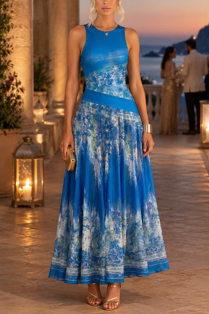 Karleedress Crewneck Sleeveless Printed Flowy Maxi Dress