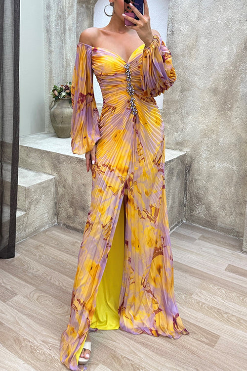 Karleedress Off Shoulder Lantern Long Sleeves Printed Slit Pleated Maxi Dress