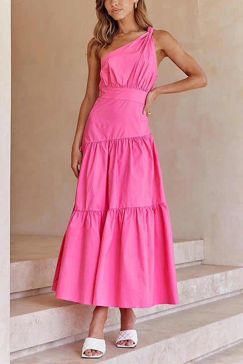 (4 Colors)Karleedress One Shoulder High Waist Tiered Maxi Dress