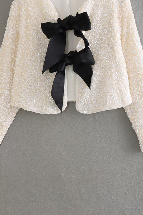 Karleedress Long Sleeves Bow Detail Shiny Sequin Top