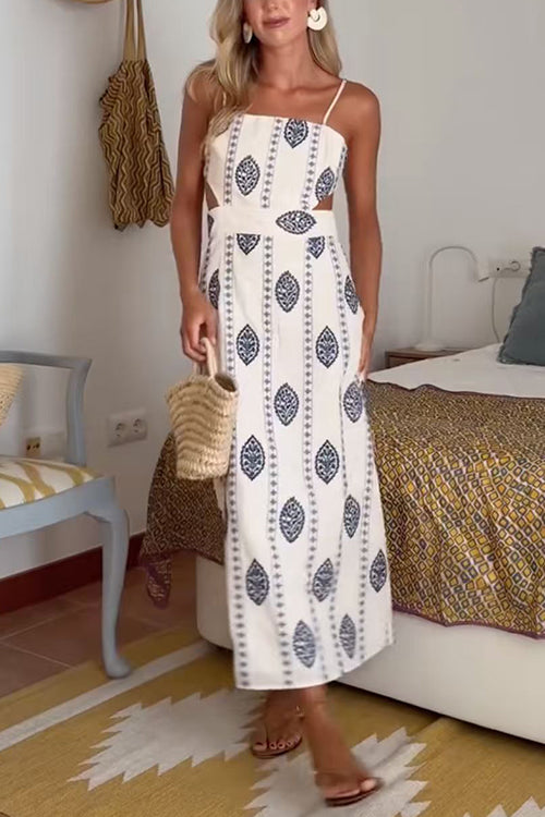 Karleedress Spaghetti Strap Cut Out Waist Printed Midi Dress