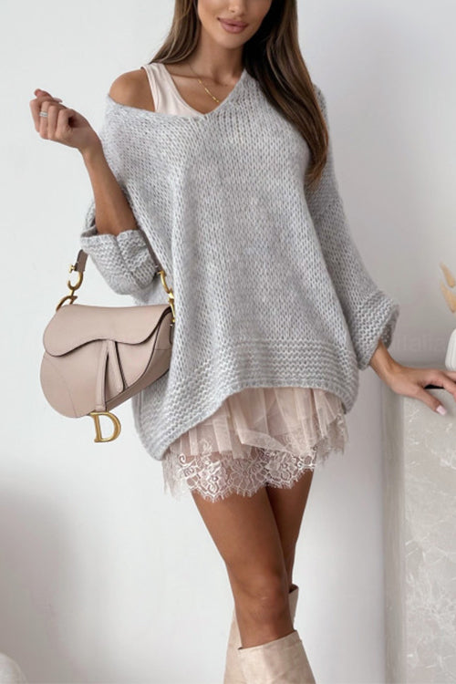 Karleedress V Neck Drop Shoulder Slouchy Pullover Sweater