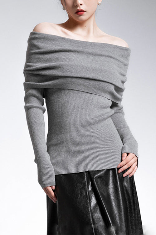 Karleedress Off Shoulder Long Sleeves Ribbed Knit Sweater