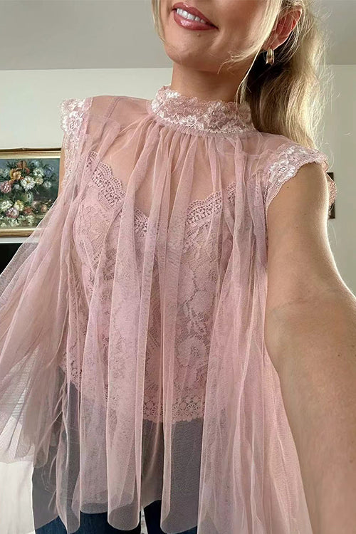 Mockneck Tulle Cover Up Top with Lace Camisole
