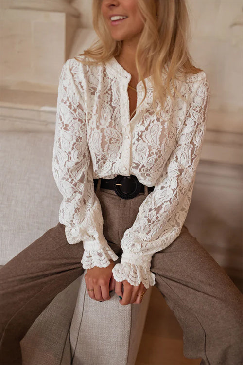 Karleedress Ruffle Long Sleeves Button Up Lace Shirt