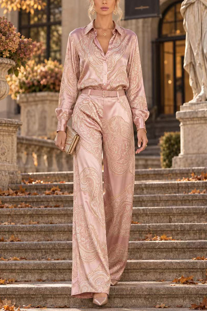 Karleedress Lapel Long Sleeves Shirt High Rise Pocketed Straight Leg Pants Paisley Print Set (A)