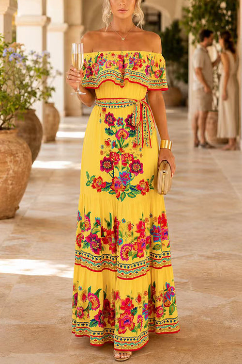 Karleedress Off Shoulder Floral Print Ruffle Swing Maxi Dress