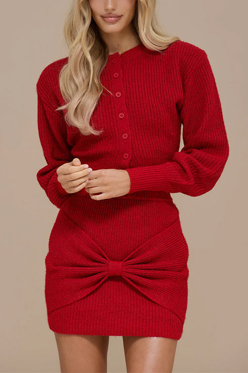 Lantern Sleeves Button Down Ribbed Knit Sweater Cardigan