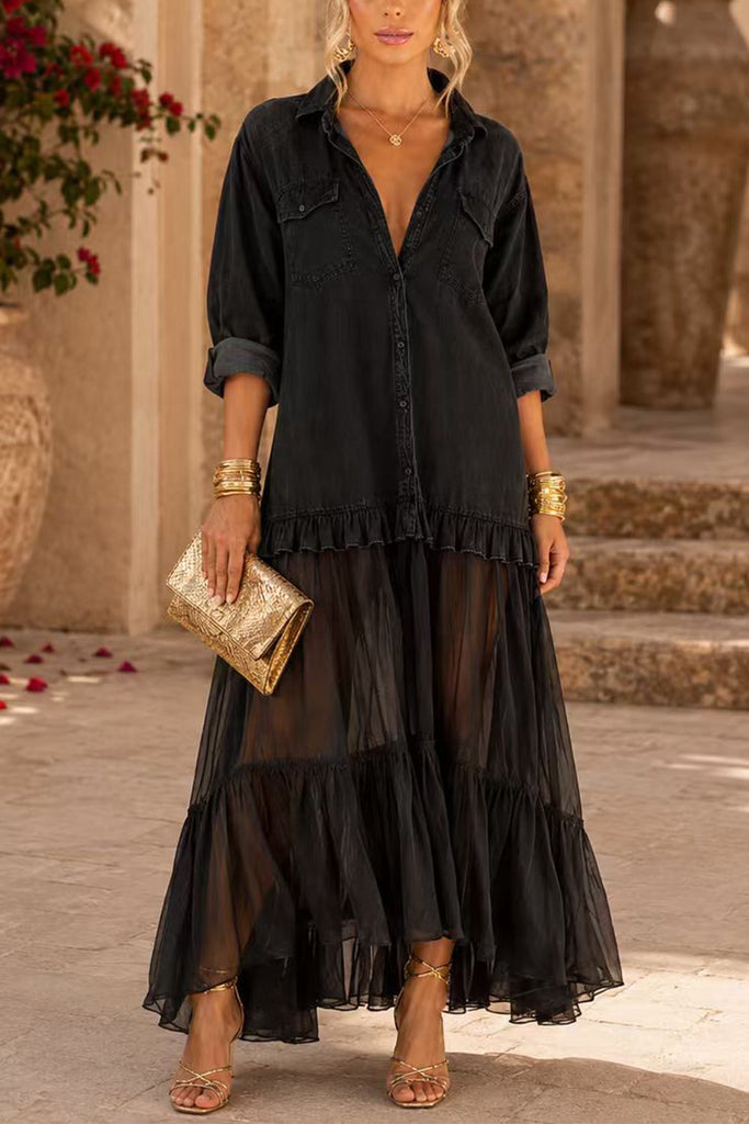 Karleedress Lapel Long Sleeves Organza Splice Ruffle Denim Maxi Dress
