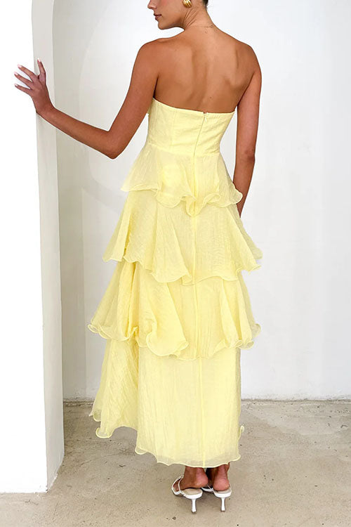 Karleedress Strapless Empire Waist Ruffle Layered Maxi Dress