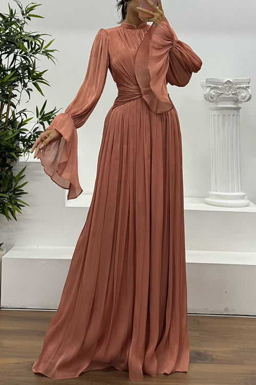 Bell Long Sleeves Twist Front Ruched Maxi Dress