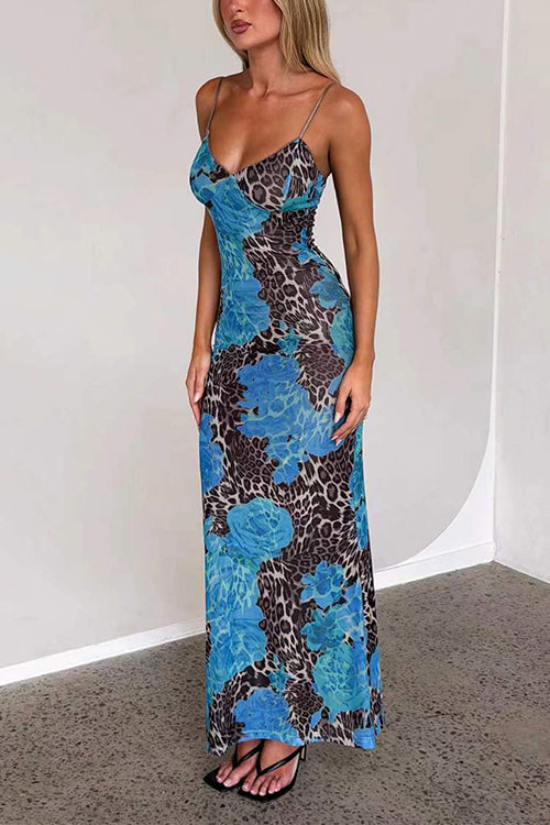 Karleedress V Neck Color Block Leopard Print Maxi Cami Dress