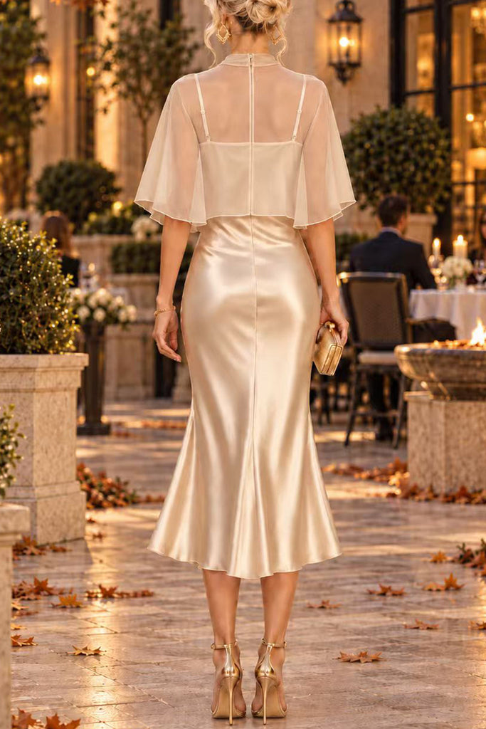 Karleedress Mock Neck Chiffon Cape Overlay Satin Midi Dress Set (E)