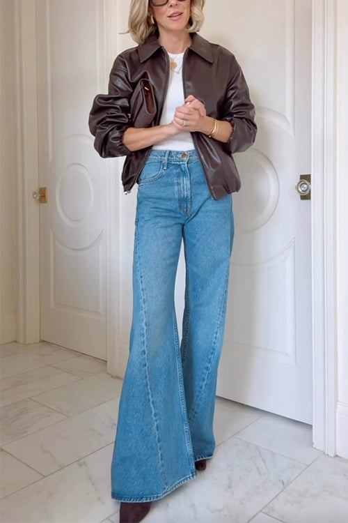 Karleedress Lapel Zip Up Faux Leather Bomber Jacket