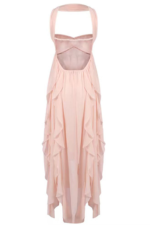Karleedress Sleeveless Open Back Ruffle Trim Slit Maxi Dress